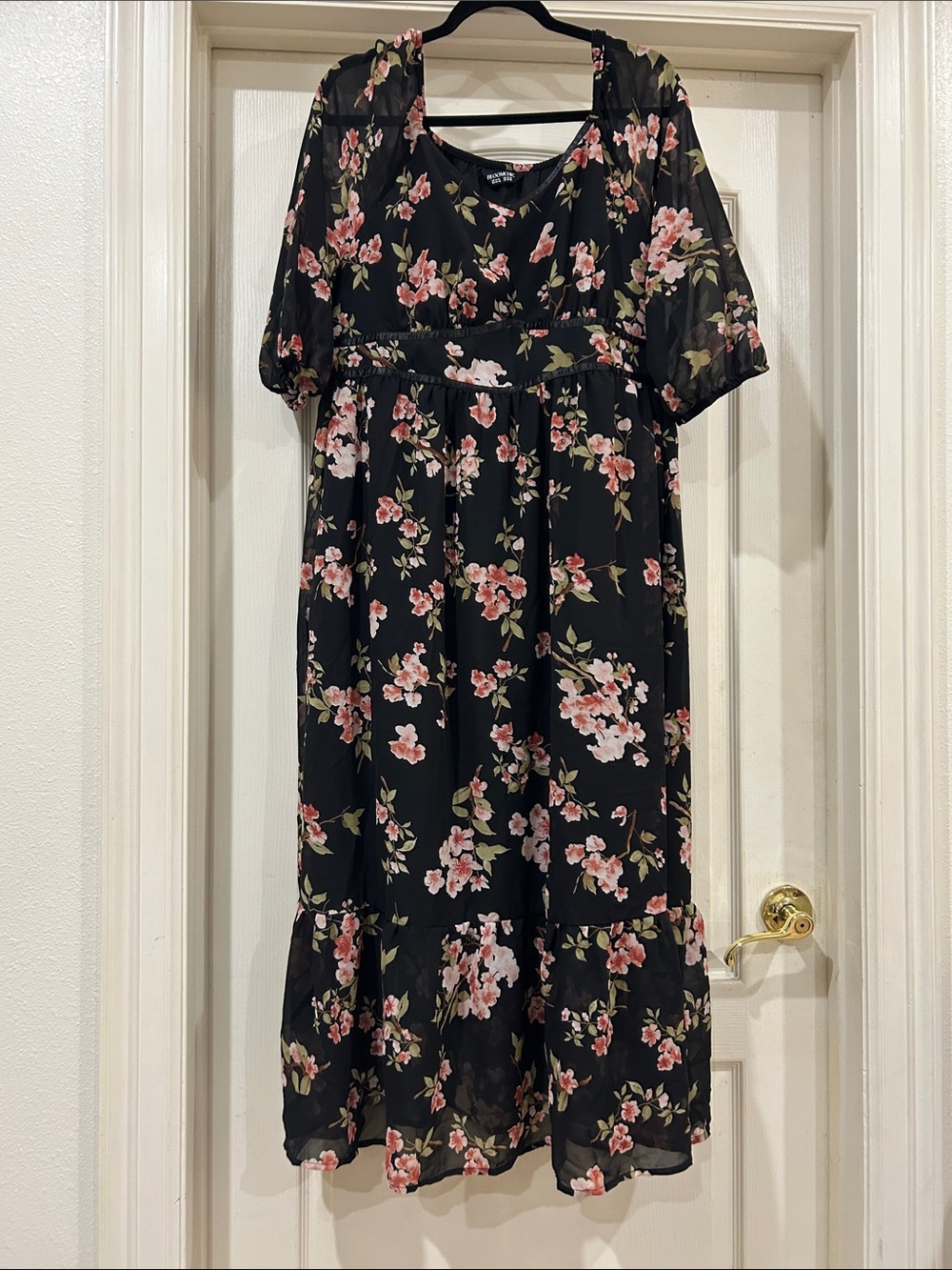 Bloomchic Black Floral Midi Dress with Pink Blossoms